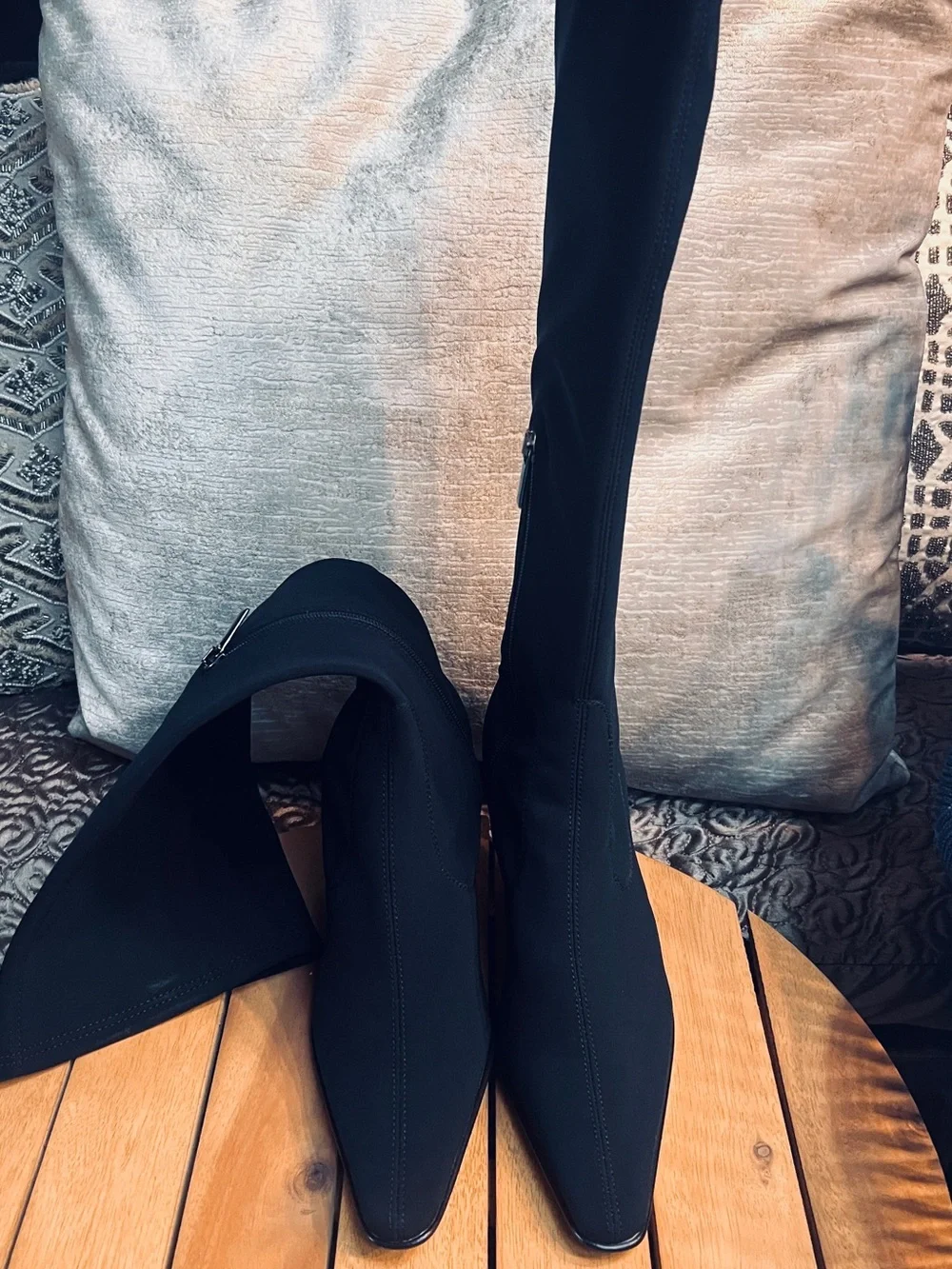 Aqualia Black Over-the-Knee Pointed Toe Stretch Boots with Side Zipper , Italy